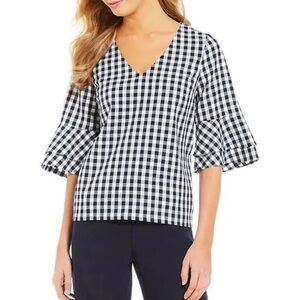 Draper James Blue White Gingham V Neck Blouse 4